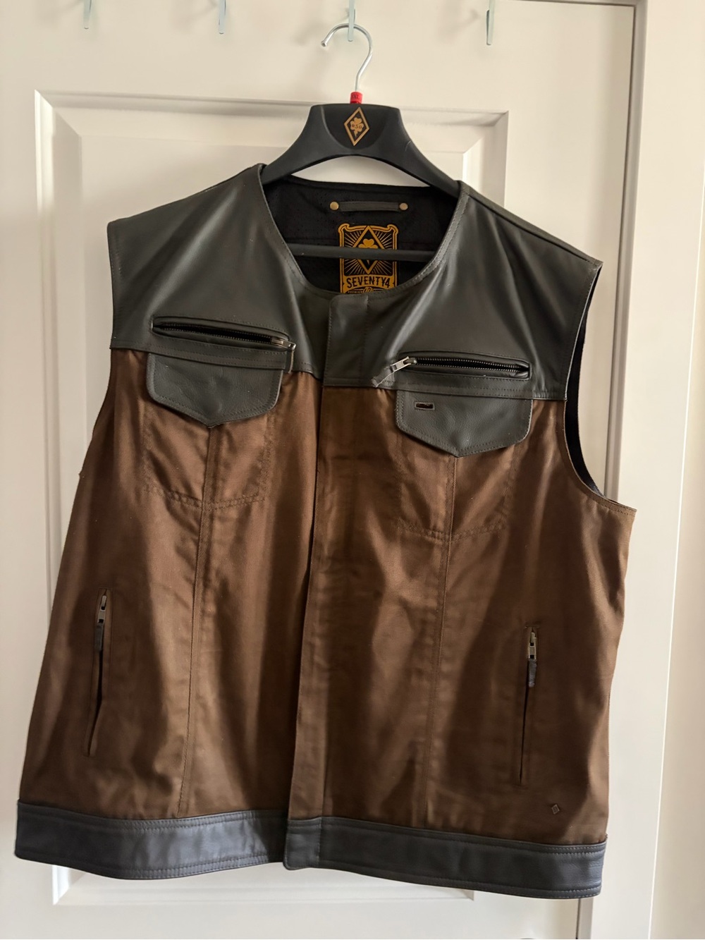 Seventy4 Brown Vest with Black Leather Yoke & Trim